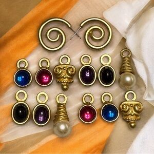 Vintage Swirl Gold Hoop w/6 Sets Multicolor Interchangeable Charms Earring Set